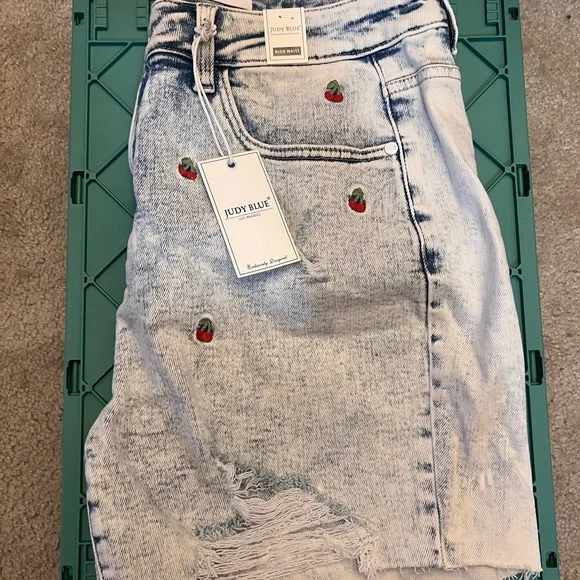 NWT Judy Blue Light Wash Denim Shorts with Cherry Embroidery, Size 1x - Picture 2 of 7